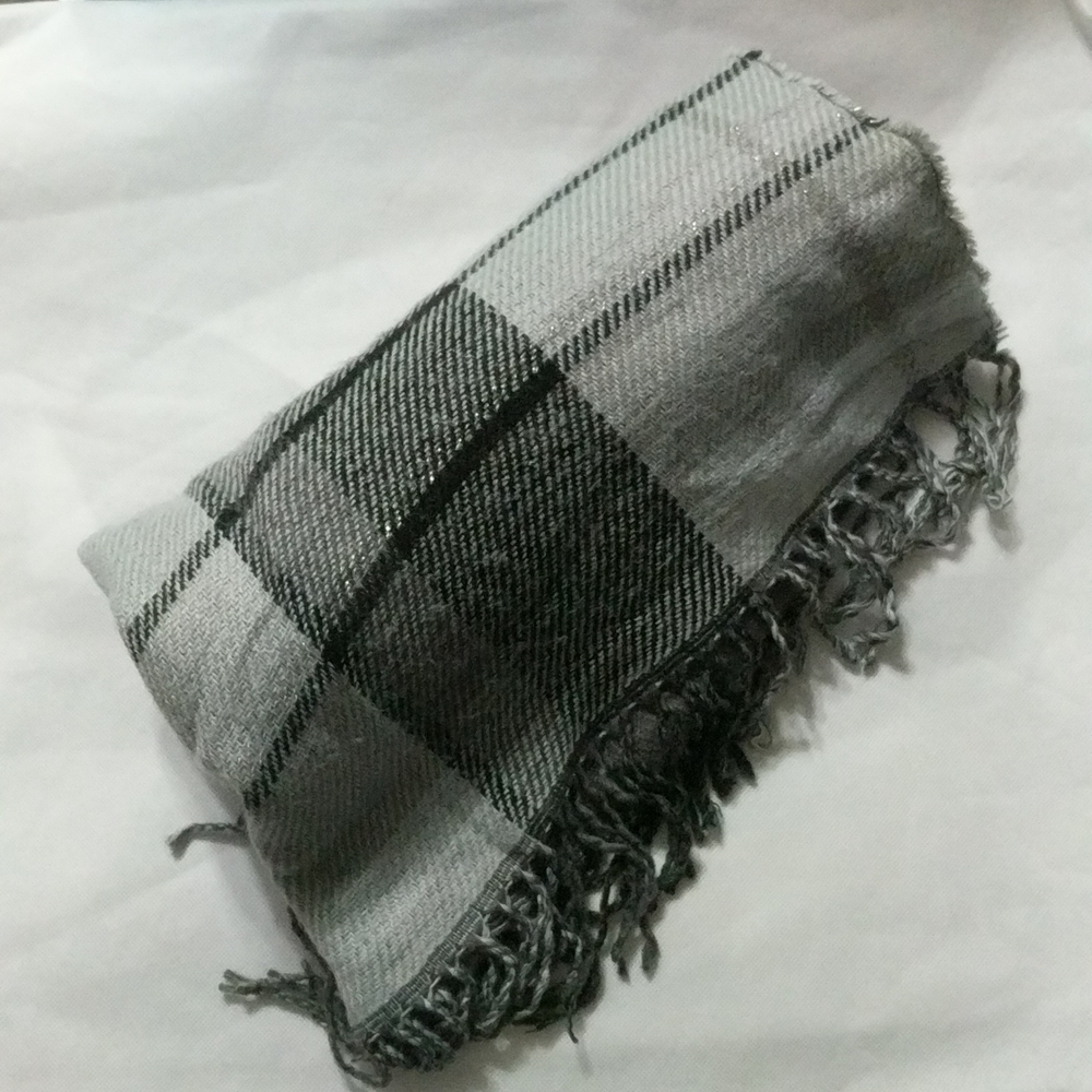 Black and Grey with Silver Metallic Thread Plaid Scarf Wrap with Fringe